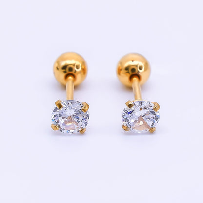 Gold Stainless Steel Clear CZ Classic Flat Back Stud Earrings | AB1567 - AB1571