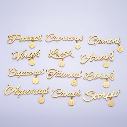 Gold Stainless Steel Zodiac Astrology Cursive Font Mini Symbol Connector Personalized Jewelry Making | A-A1379-A-A1384