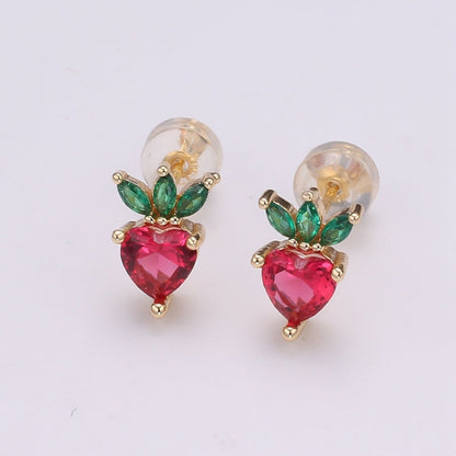 Gold Strawberry Stud Earring, Crystal Berry Studs, Strawberry Fruit Earring, Minimalist Earring, Dainty Earrings for Girls, Gift P-016