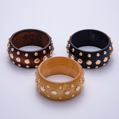 Gold Studded Wood Bangle Statement Bracelet | WA-04314