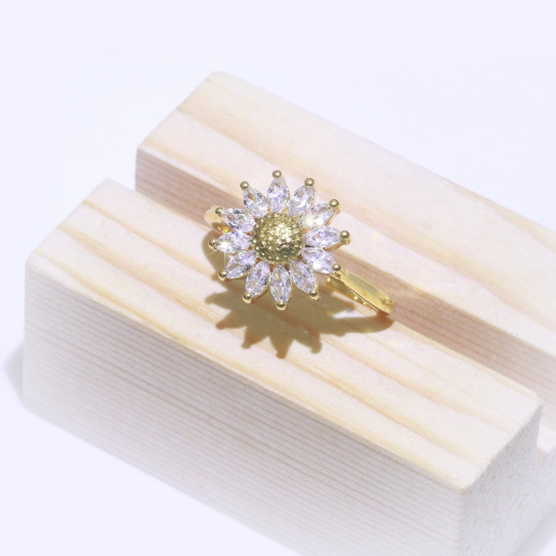 Gold Sun Flower Ring 14k Gold Filed Dainty Ring Cz Open Adjustable Minimalist Ring Stackable Jewelry O-361