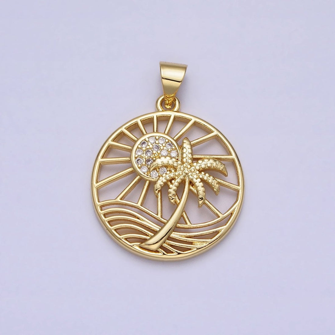 Gold Sunny Beam Beach Palm Tree Clear Micro Paved CZ Round Open Charm | AA162