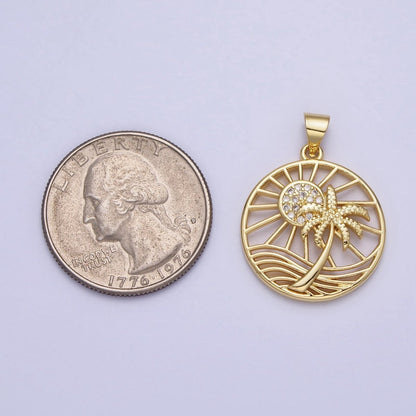 Gold Sunny Beam Beach Palm Tree Clear Micro Paved CZ Round Open Charm | AA162