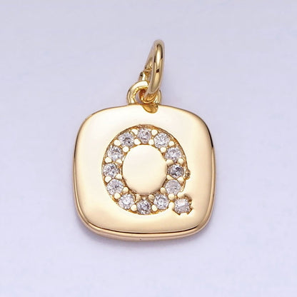 Gold Tag Square CZ Clear Micro Paved Initial Alphabet Dainty Personalized Name Tag Charm | A198-A210