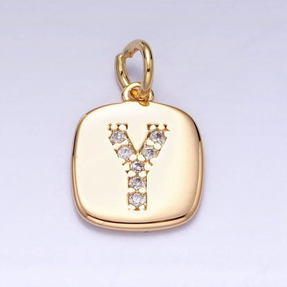 Gold Tag Square CZ Clear Micro Paved Initial Alphabet Dainty Personalized Name Tag Charm | A198-A210