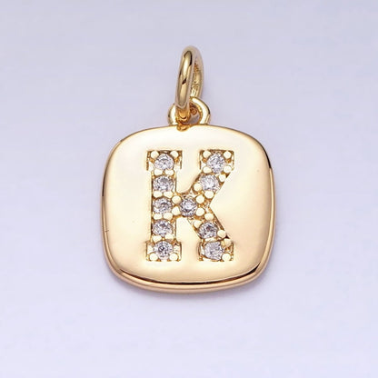 Gold Tag Square CZ Clear Micro Paved Initial Alphabet Dainty Personalized Name Tag Charm | A198-A210