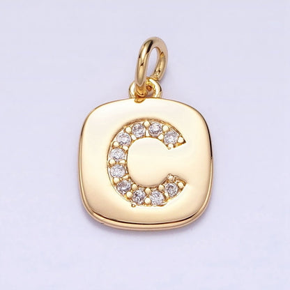 Gold Tag Square CZ Clear Micro Paved Initial Alphabet Dainty Personalized Name Tag Charm | A198-A210