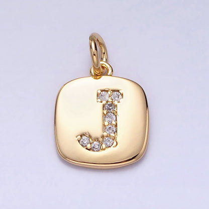 Gold Tag Square CZ Clear Micro Paved Initial Alphabet Dainty Personalized Name Tag Charm | A198-A210