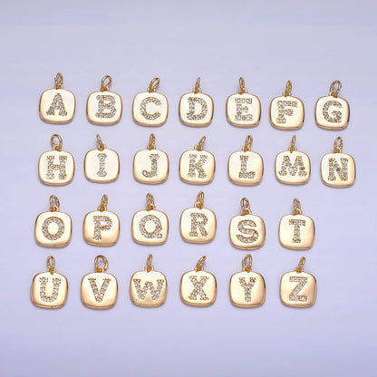 Gold Tag Square CZ Clear Micro Paved Initial Alphabet Dainty Personalized Name Tag Charm | A198-A210