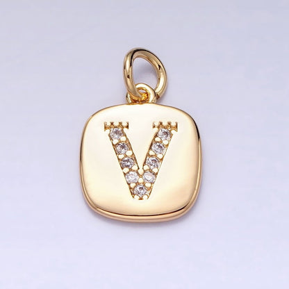 Gold Tag Square CZ Clear Micro Paved Initial Alphabet Dainty Personalized Name Tag Charm | A198-A210
