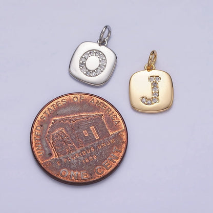 Gold Tag Square CZ Clear Micro Paved Initial Alphabet Dainty Personalized Name Tag Charm | A198-A210