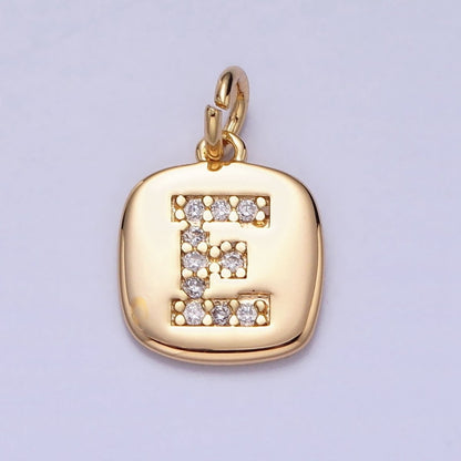 Gold Tag Square CZ Clear Micro Paved Initial Alphabet Dainty Personalized Name Tag Charm | A198-A210