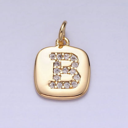 Gold Tag Square CZ Clear Micro Paved Initial Alphabet Dainty Personalized Name Tag Charm | A198-A210