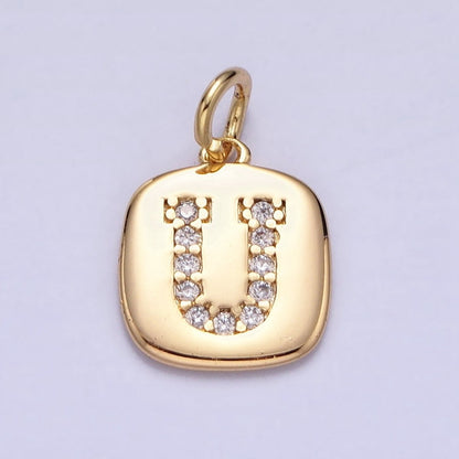 Gold Tag Square CZ Clear Micro Paved Initial Alphabet Dainty Personalized Name Tag Charm | A198-A210