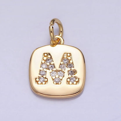 Gold Tag Square CZ Clear Micro Paved Initial Alphabet Dainty Personalized Name Tag Charm | A198-A210