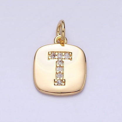 Gold Tag Square CZ Clear Micro Paved Initial Alphabet Dainty Personalized Name Tag Charm | A198-A210