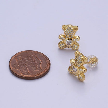 Gold Teddy Bear Stud Earring CZ Woman Kids Girl Earring Gold Stud V-118