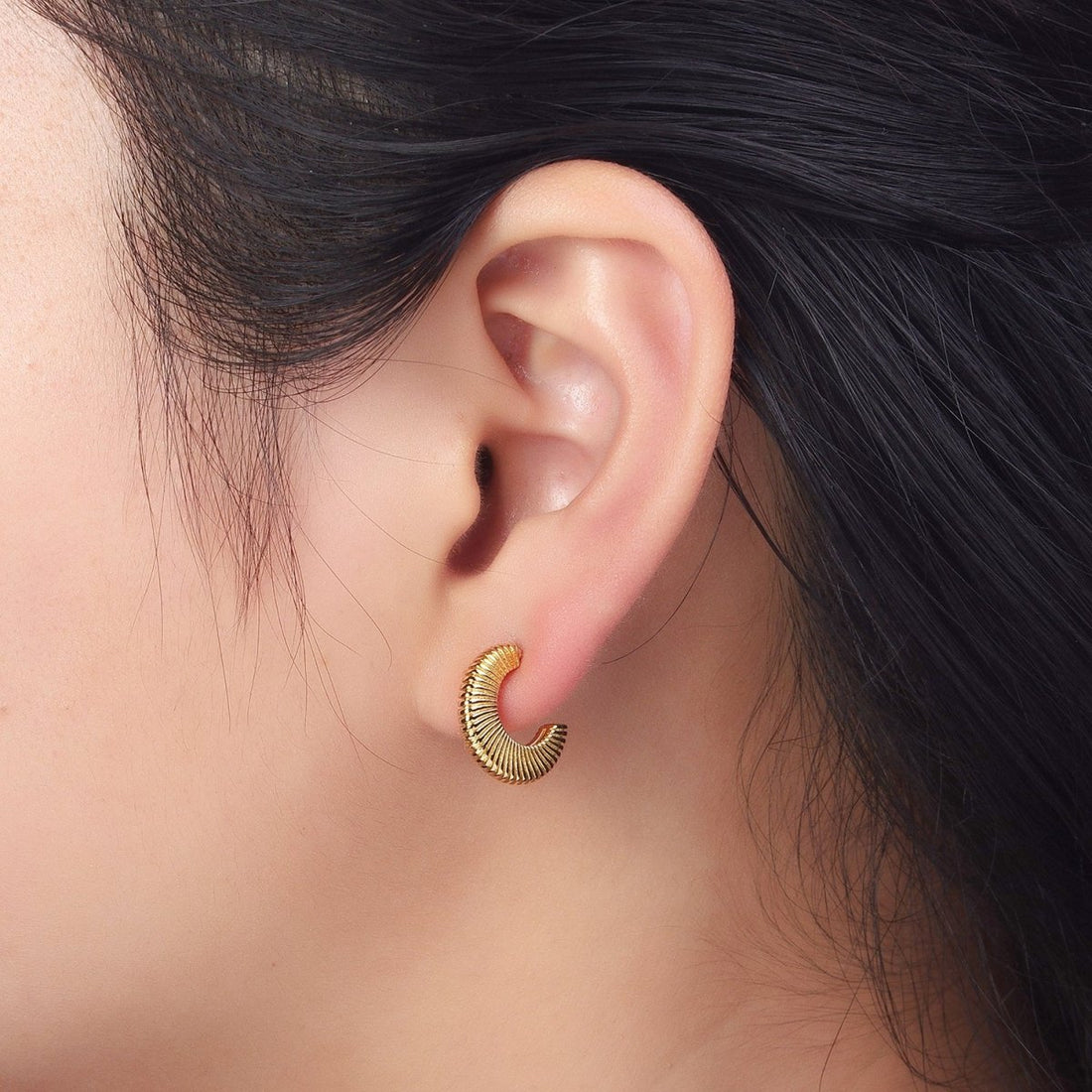 Gold Thin Textured C Shaped 15mm, 20mm, 24.5mm Hoops Earrings | AD-096