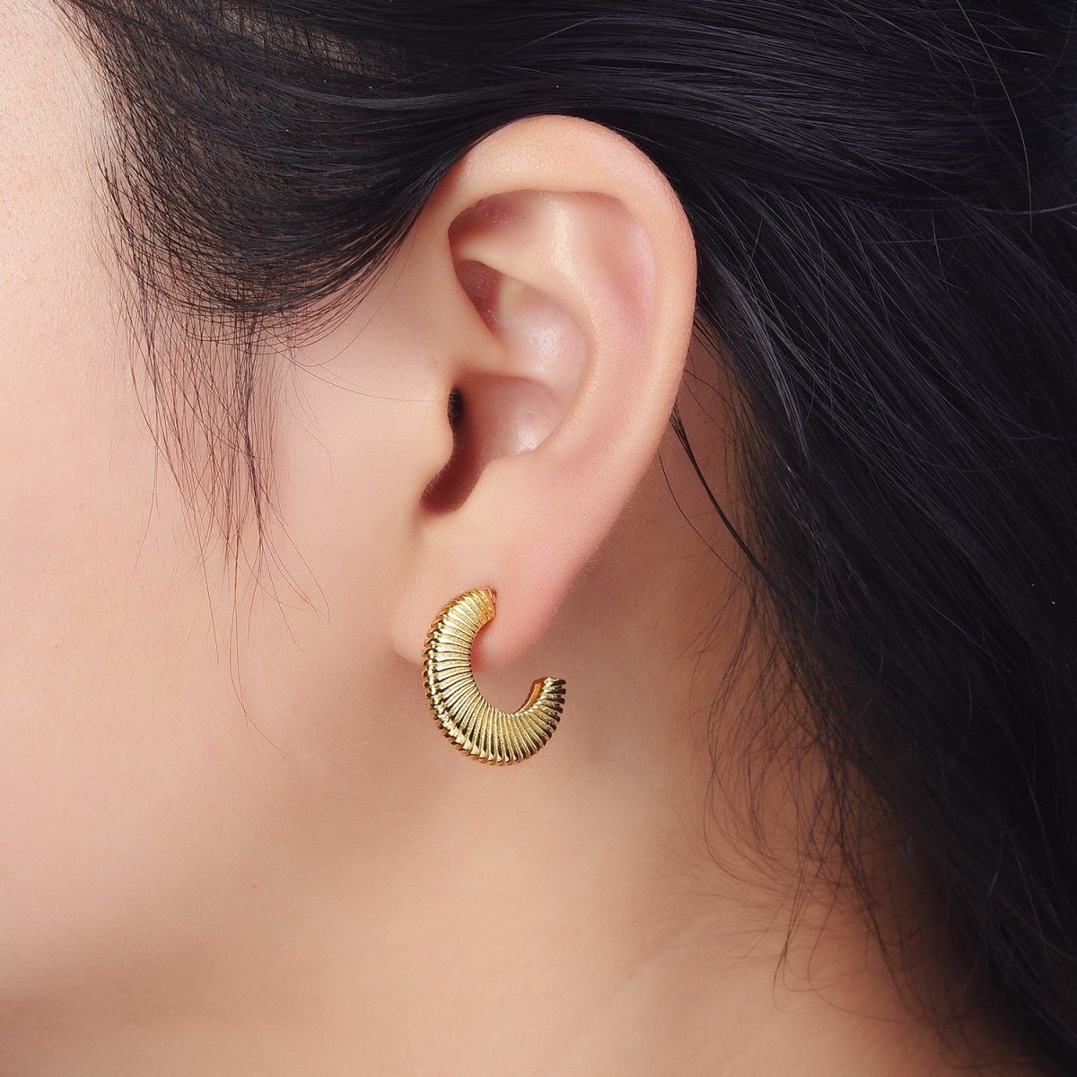 Gold Thin Textured C Shaped 15mm, 20mm, 24.5mm Hoops Earrings | AD-096