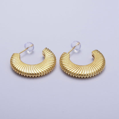 Gold Thin Textured C Shaped 15mm, 20mm, 24.5mm Hoops Earrings | AD-096