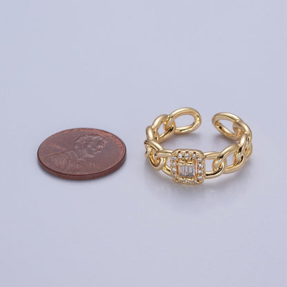 Gold Tiny Baguette Square Ring with Curb Chain Link Band O-2283