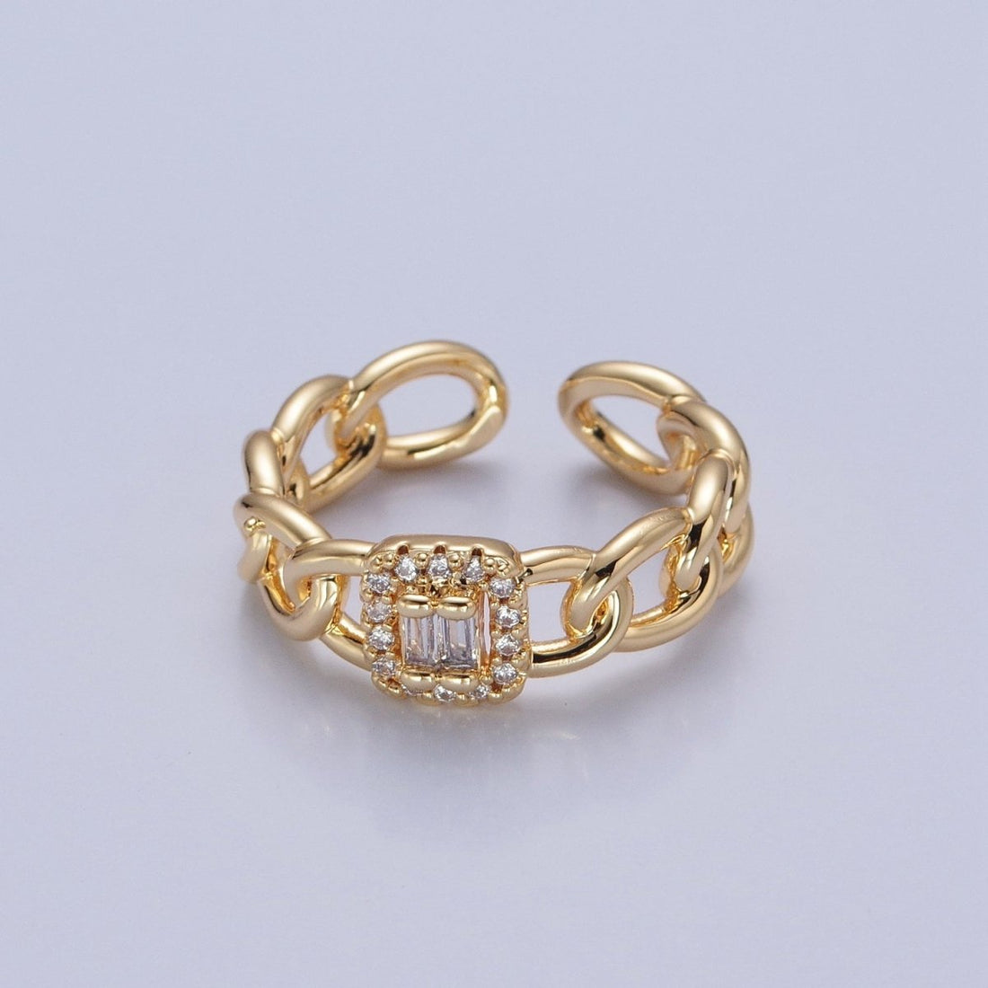 Gold Tiny Baguette Square Ring with Curb Chain Link Band O-2283