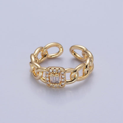 Gold Tiny Baguette Square Ring with Curb Chain Link Band O-2283