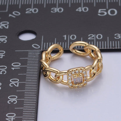 Gold Tiny Baguette Square Ring with Curb Chain Link Band O-2283