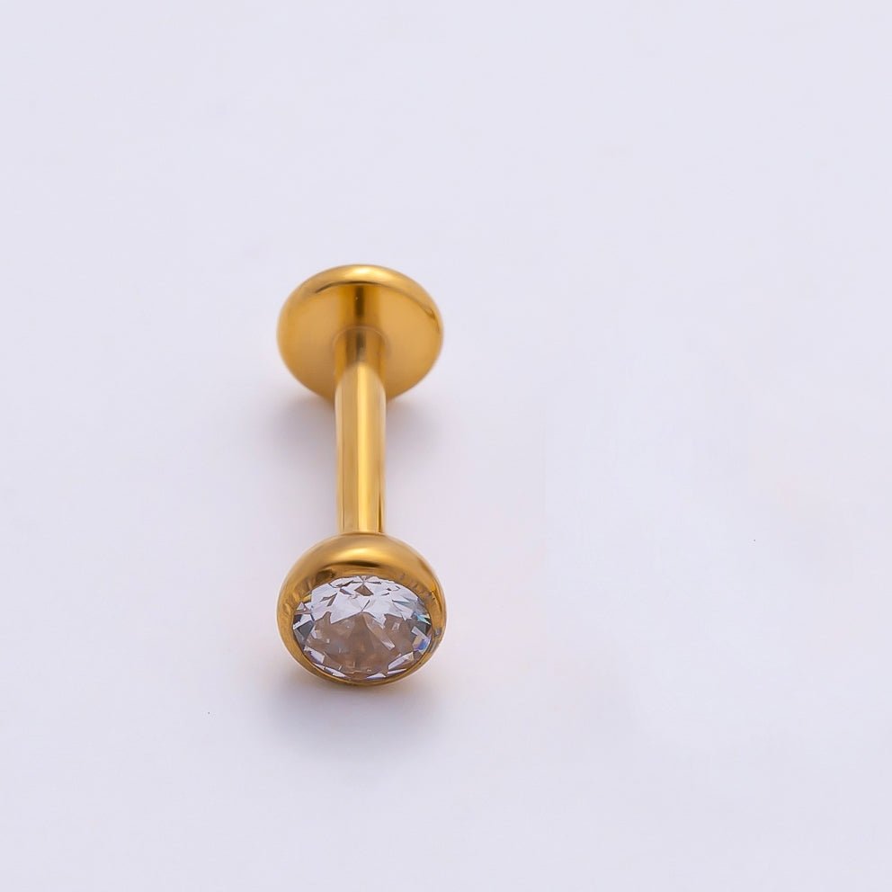 Gold Titanium 4mm Round CZ Bezel Cartilage Piercing Flat Back Stud | BJ-00205