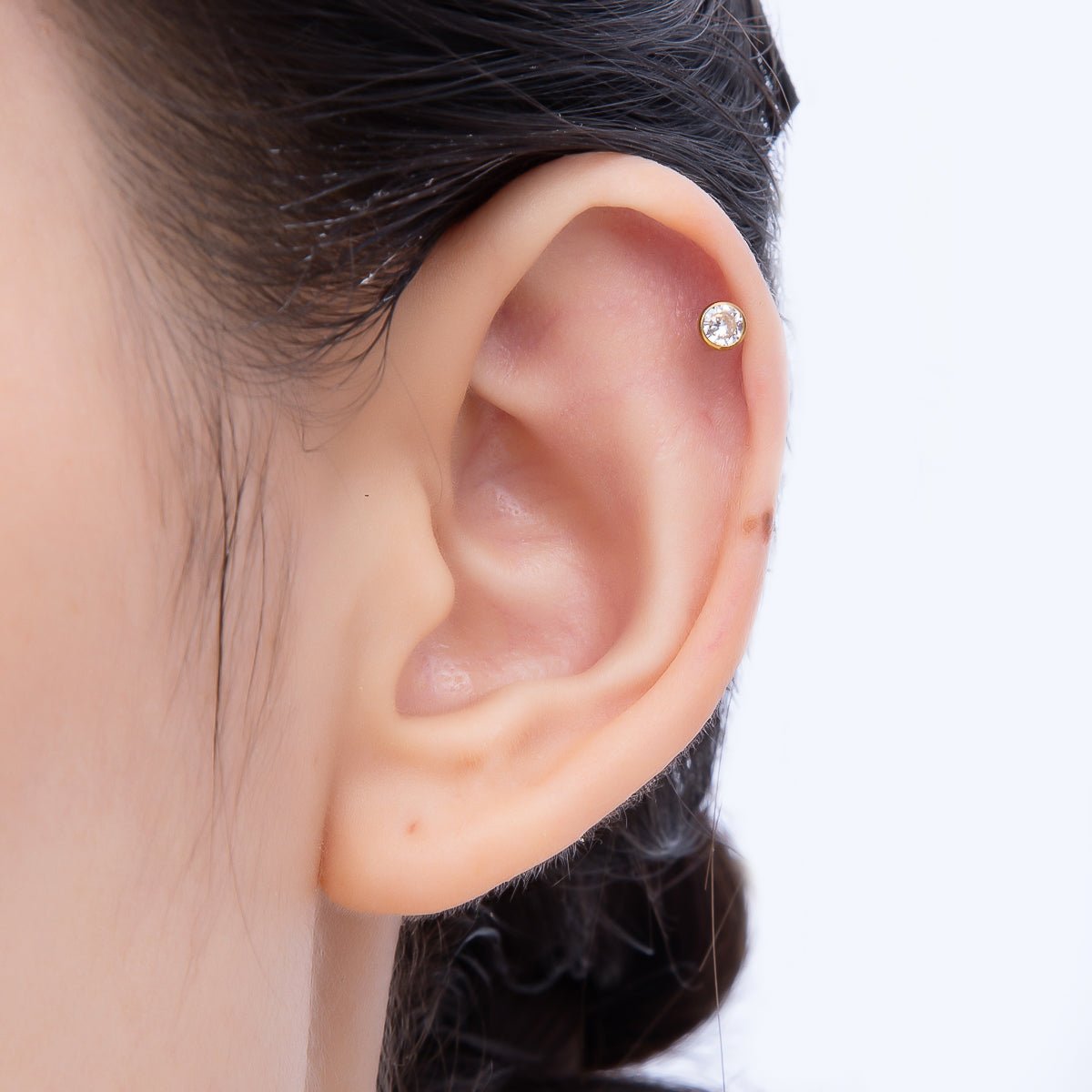 Gold Titanium 4mm Round CZ Bezel Cartilage Piercing Flat Back Stud | BJ-00205
