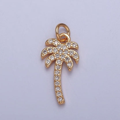 Gold Tropical Beach Palm Tree Micro Paved Cubic Zirconia Charm For Summer Jewelry | X-261