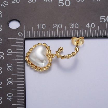 Gold Twist Rope C Shaped Hoop White Shell Heart Pearl Dangle Drop Stud Earrings | AD-061