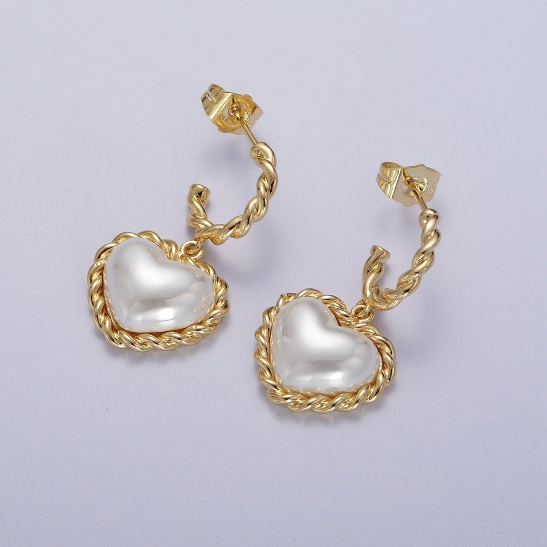 Gold Twist Rope C Shaped Hoop White Shell Heart Pearl Dangle Drop Stud Earrings | AD-061