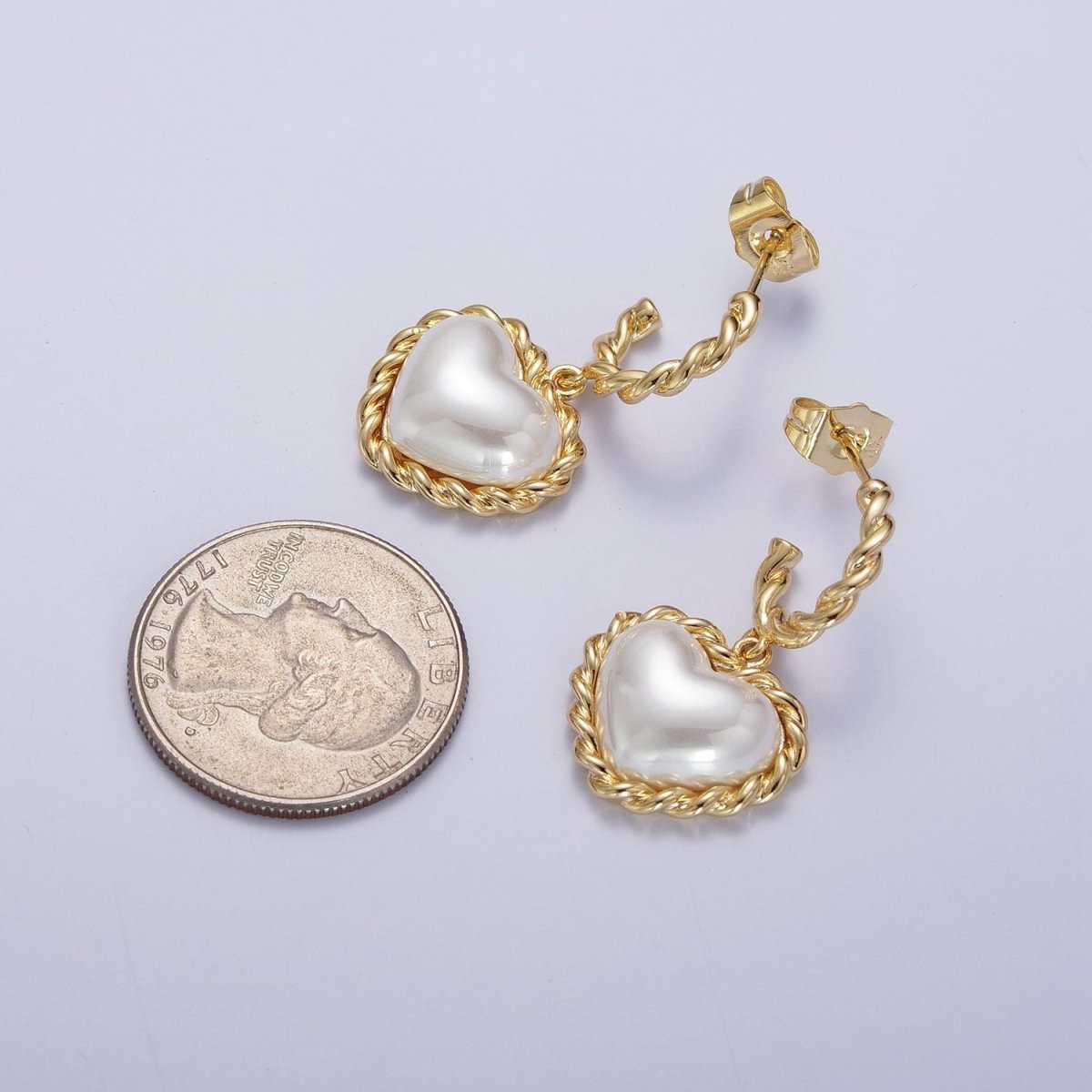 Gold Twist Rope C Shaped Hoop White Shell Heart Pearl Dangle Drop Stud Earrings | AD-061