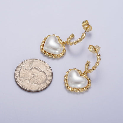 Gold Twist Rope C Shaped Hoop White Shell Heart Pearl Dangle Drop Stud Earrings | AD-061