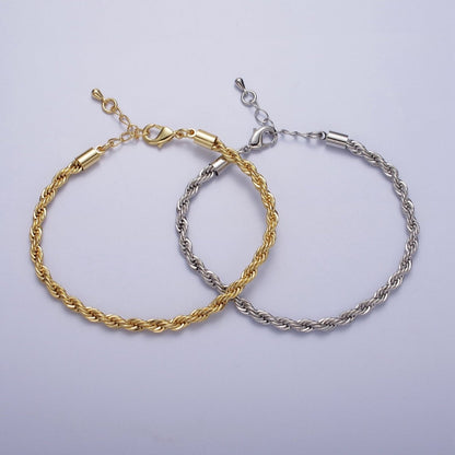 Gold Twisted Rope Chain Bracelet Silver Chunky Rope Chain bracelet 3.7mm thickness | WA-1538 WA-1539 Clearance Pricing