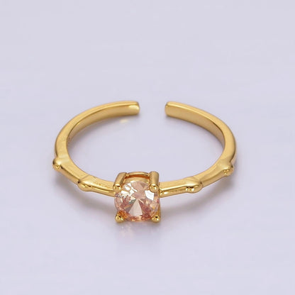 Gold Vermeil Cubic Zirconia CZ Birthstone Personalized Solitaire Bamboo Ring in Gold &amp; Silver | O1006 - O1029