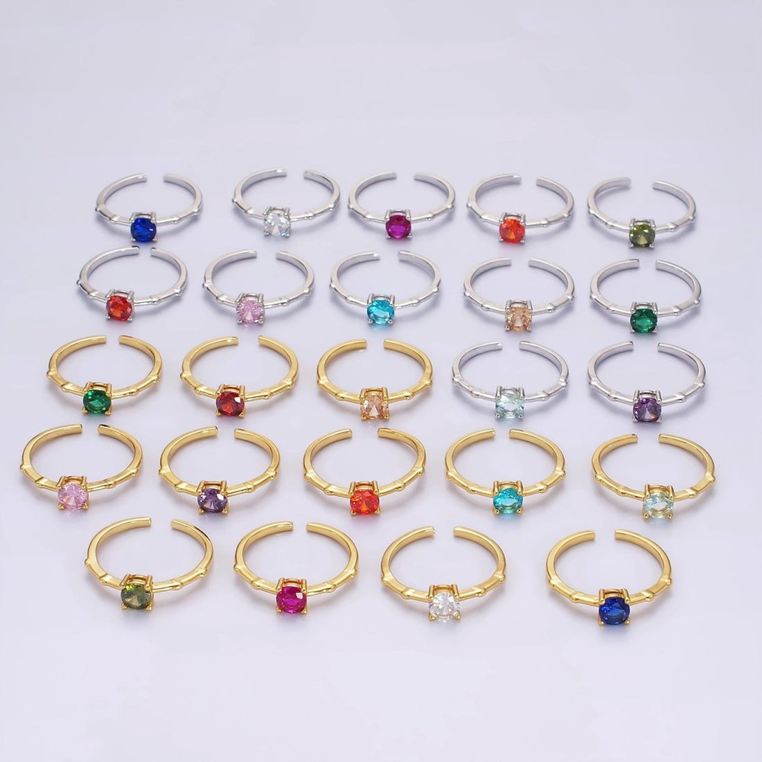 Gold Vermeil Cubic Zirconia CZ Birthstone Personalized Solitaire Bamboo Ring in Gold &amp; Silver | O1006 - O1029