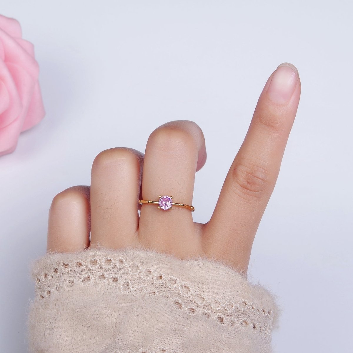 Gold Vermeil Cubic Zirconia CZ Birthstone Personalized Solitaire Bamboo Ring in Gold &amp; Silver | O1006 - O1029