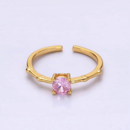 Gold Vermeil Cubic Zirconia CZ Birthstone Personalized Solitaire Bamboo Ring in Gold &amp; Silver | O1006 - O1029