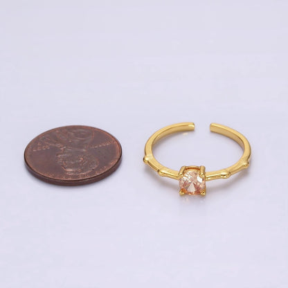 Gold Vermeil Cubic Zirconia CZ Birthstone Personalized Solitaire Bamboo Ring in Gold &amp; Silver | O1006 - O1029