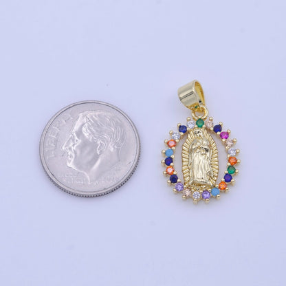 Gold Virgin Mary Lady Guadalupe Open Opal Multicolor CZ Religious Pendant H-251