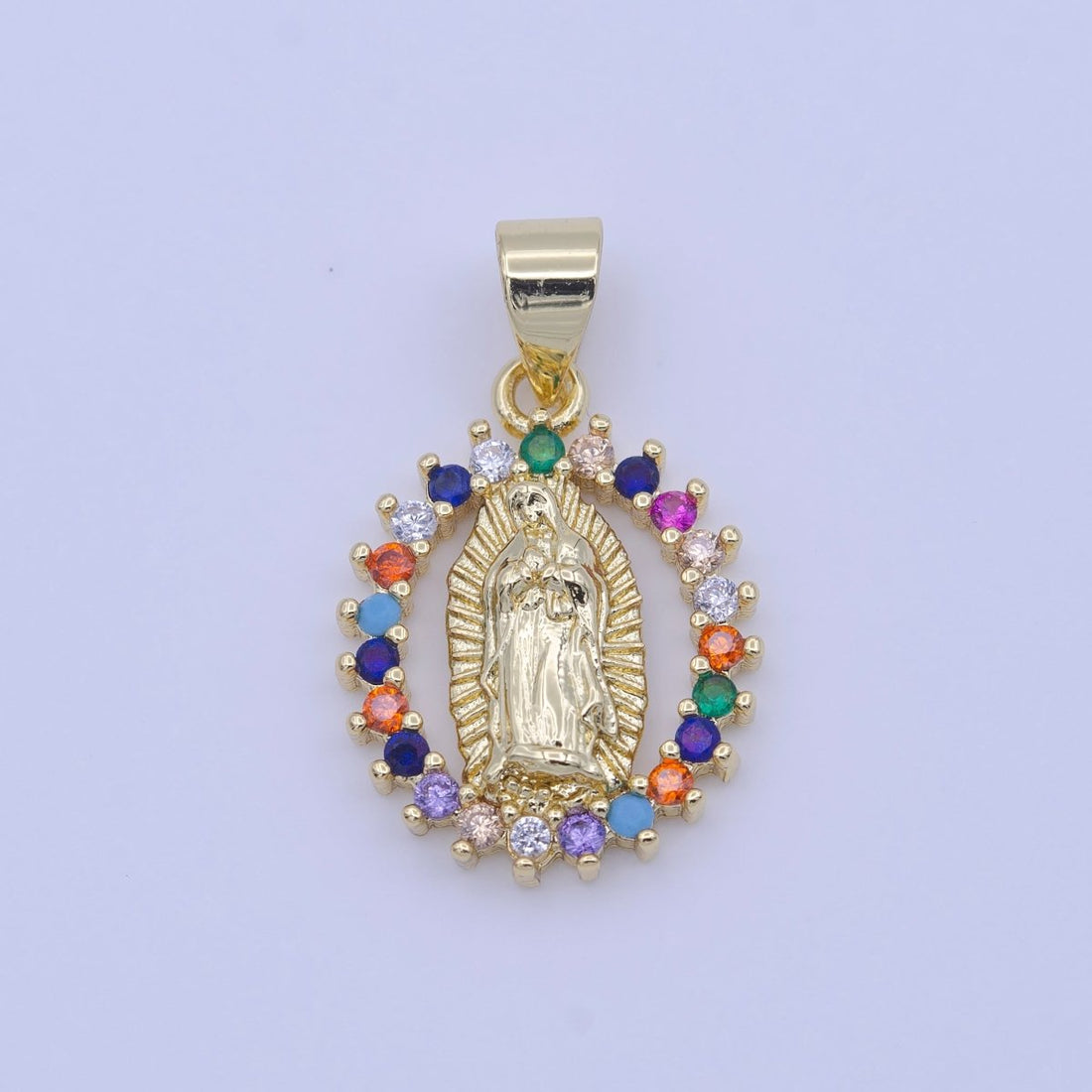 Gold Virgin Mary Lady Guadalupe Open Opal Multicolor CZ Religious Pendant H-251