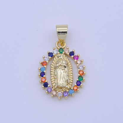 Gold Virgin Mary Lady Guadalupe Open Opal Multicolor CZ Religious Pendant H-251
