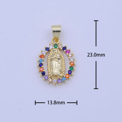 Gold Virgin Mary Lady Guadalupe Open Opal Multicolor CZ Religious Pendant H-251