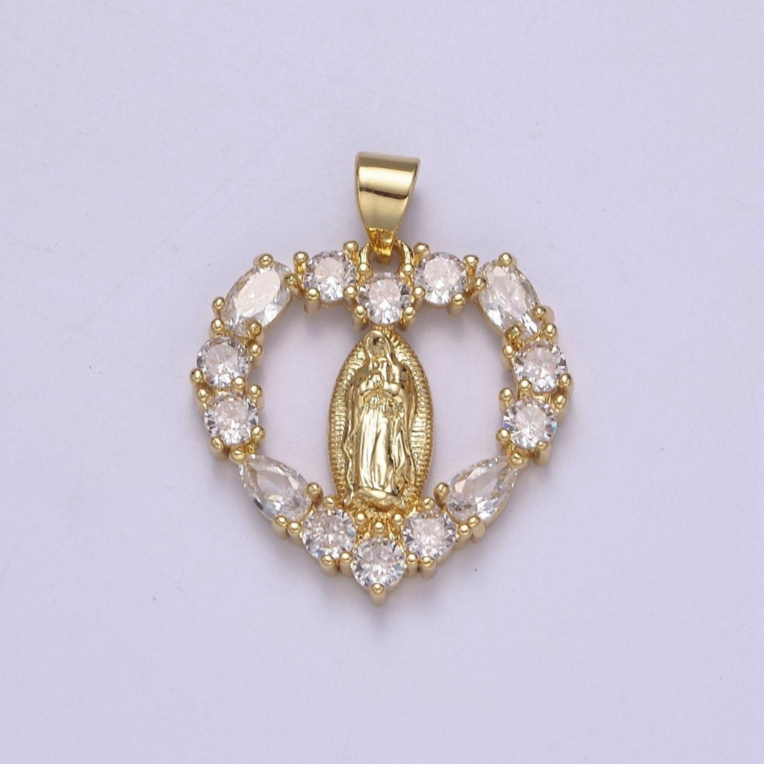 Gold Virgin Mary On Heart Emblem Shape Pendant Religious Charm Lady Guadalupe Pave Pendant, Dainty Gold Charm J-357
