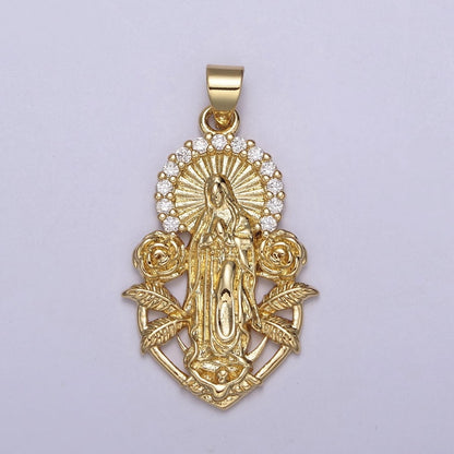 Gold Virgin Mary Our Lady Of Guadalupe Divine Mercy Rose Flower Medallion Pendant for Necklace Making Supply H-800
