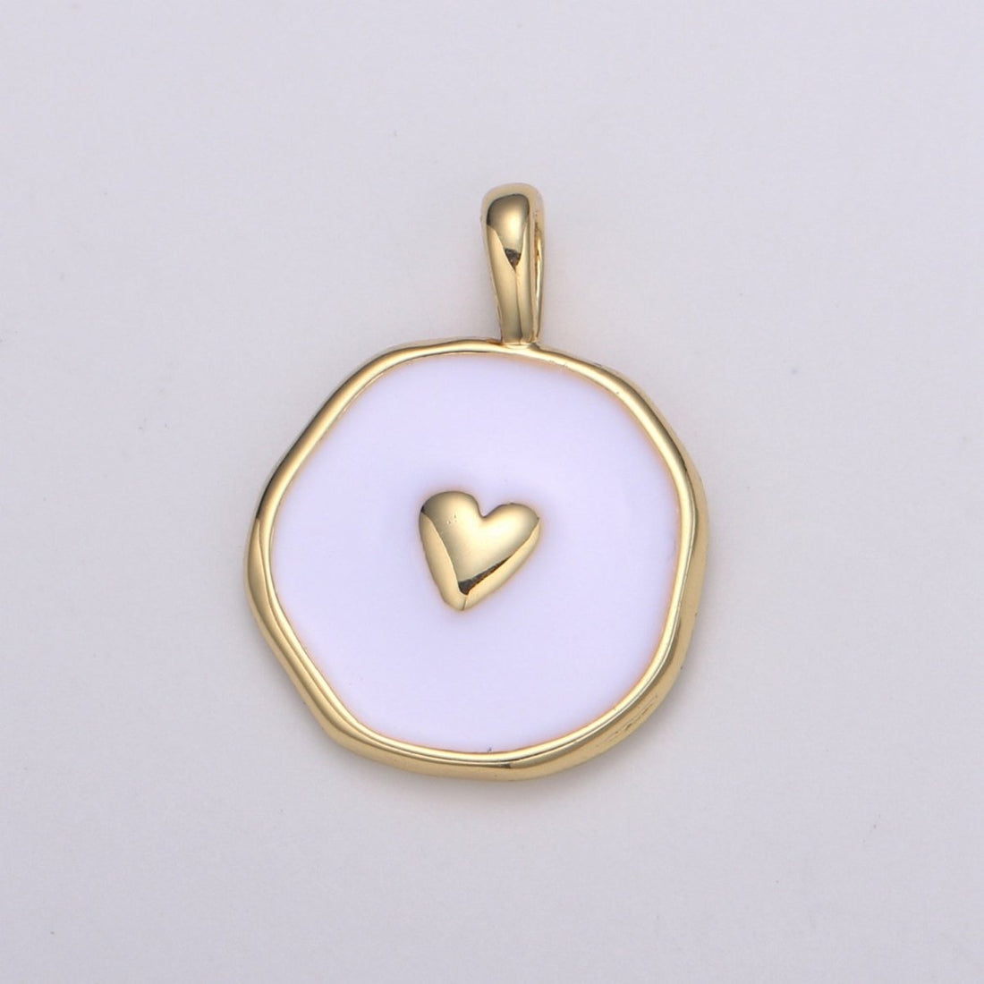 Gold White Enamel Heart Charms, Golden Heart charm in Round Disc Charm Medallion for Necklace, Paint my Heart DIY craft E-189