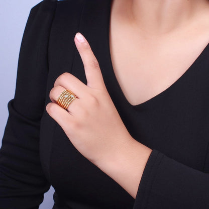 Gold Wide Multiple Bamboo Geometric CZ Band Statement Ring | O-068