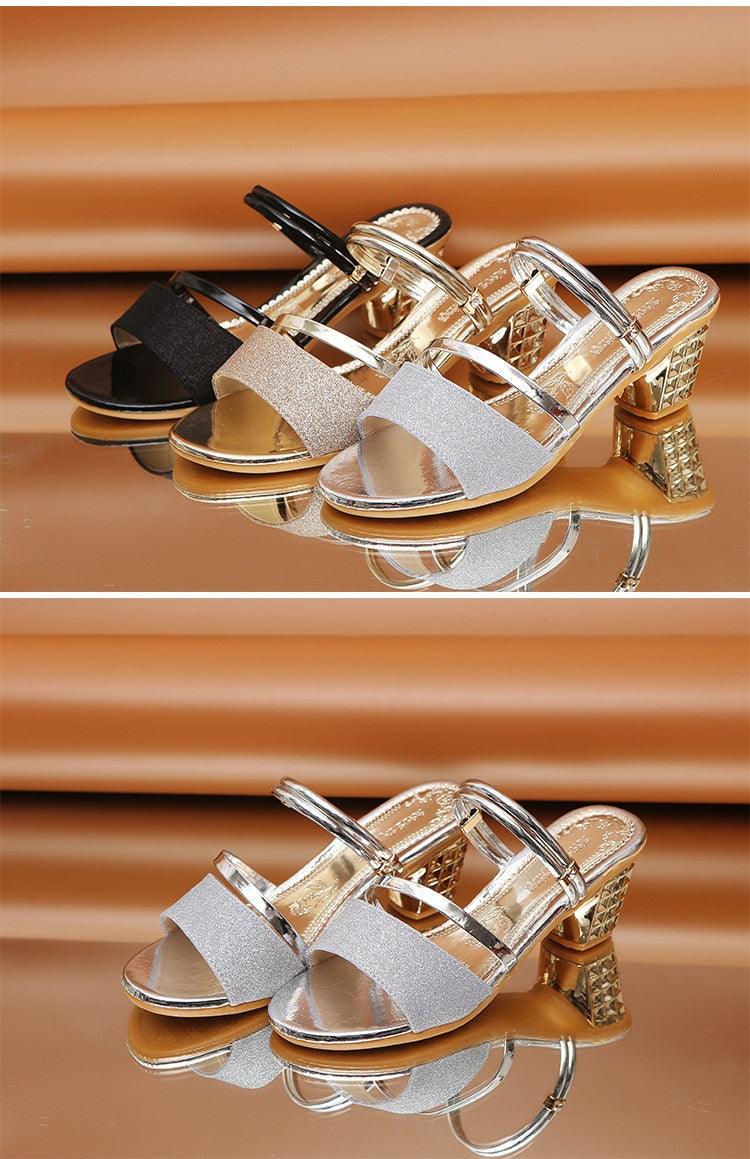 Gold Women Sandals Summer Open Toe High Heels Low Heel Shoes Ankle Strap High Women Sandals Women&